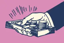 An illustration of a hand holding coins and bills